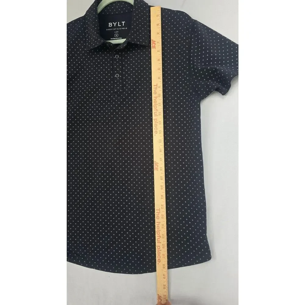BYLT Polo Shirt Mens Medium Black Polka Dot LUX Drop Cut Stretch Short Sleeve